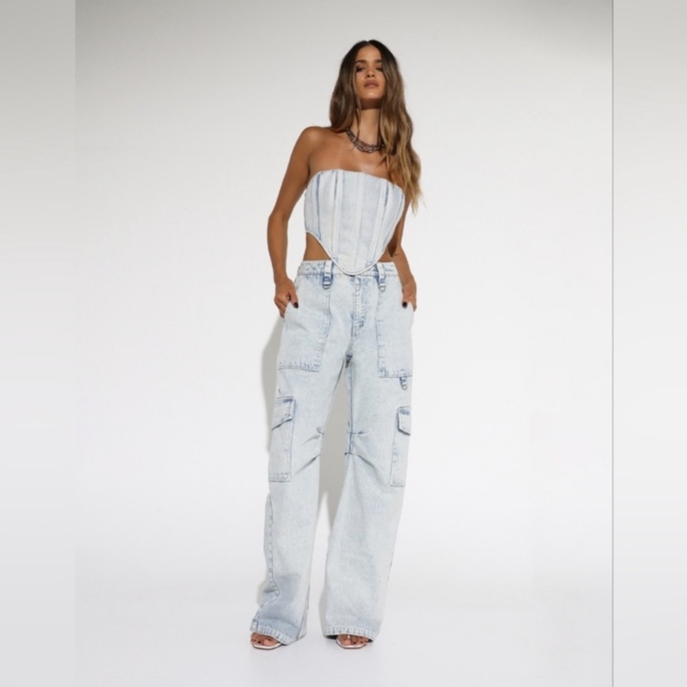 BY.DYLN X REVOLVE Bella Boned Denim Corset Crop Top Light Stonewash S